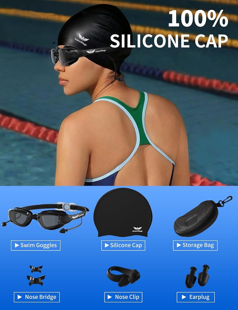 AzureWings 7 in 1 Swim Goggles + Swim Cap for Men Women,No Leak Anti-Fog & UV, Wide Visio HD Mirror PC Lens - Image 3